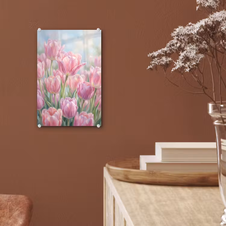 Glas schilderij - Tulpen - Veld - Lente - Roze — 6