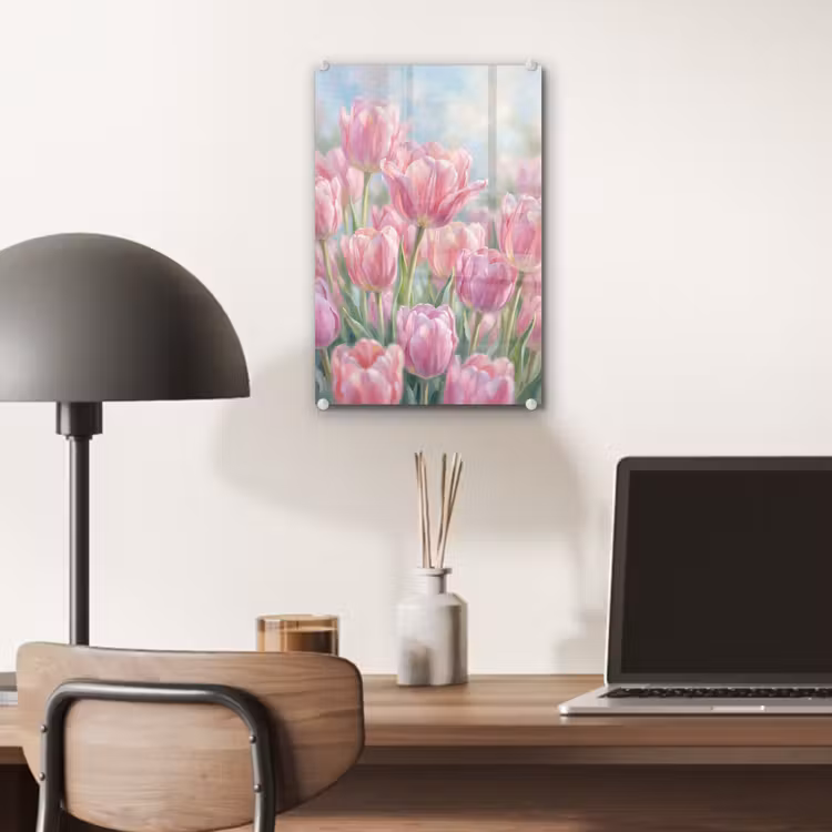Glas schilderij - Tulpen - Veld - Lente - Roze — 7
