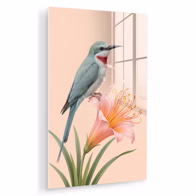 Glas schilderij - Vogel - Bloem - Natuur - Roze — 1