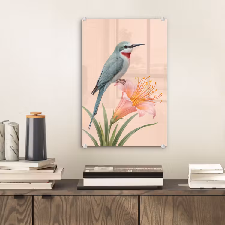 Glas schilderij - Vogel - Bloem - Natuur - Roze — 2