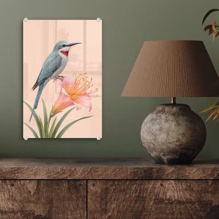 Glas schilderij - Vogel - Bloem - Natuur - Roze — 4
