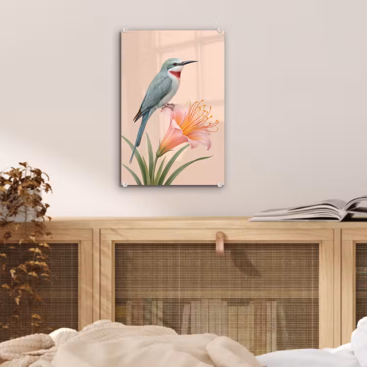 Glas schilderij - Vogel - Bloem - Natuur - Roze — 5
