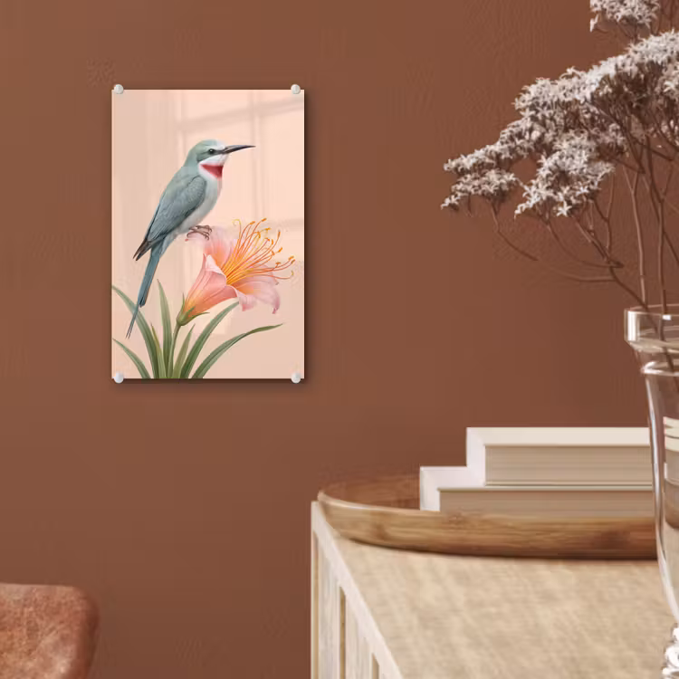 Glas schilderij - Vogel - Bloem - Natuur - Roze — 6