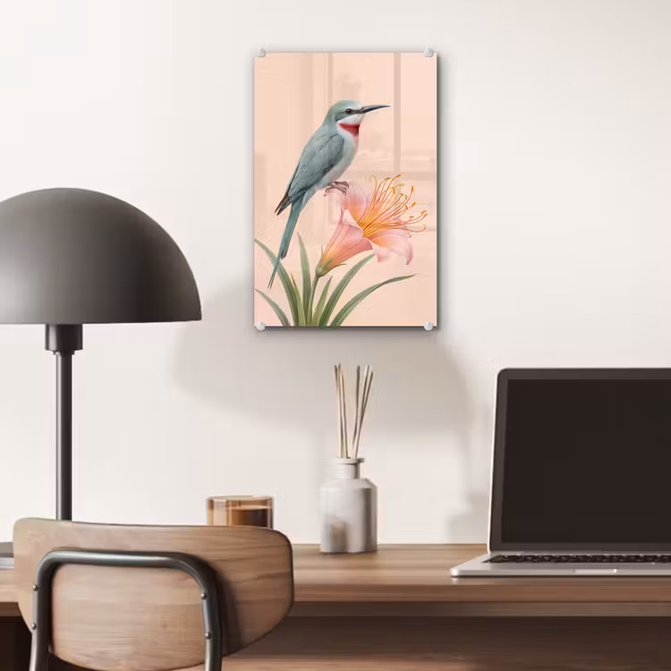 Glas schilderij - Vogel - Bloem - Natuur - Roze — 7