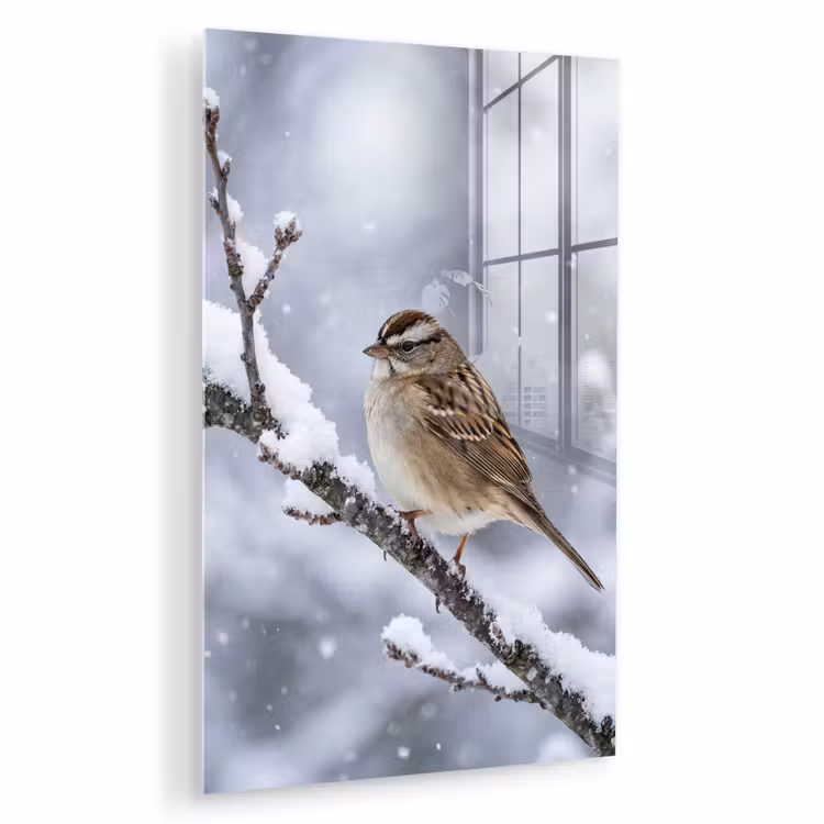 Glas schilderij - Vogel - Tak - Sneeuw - Winter — 1
