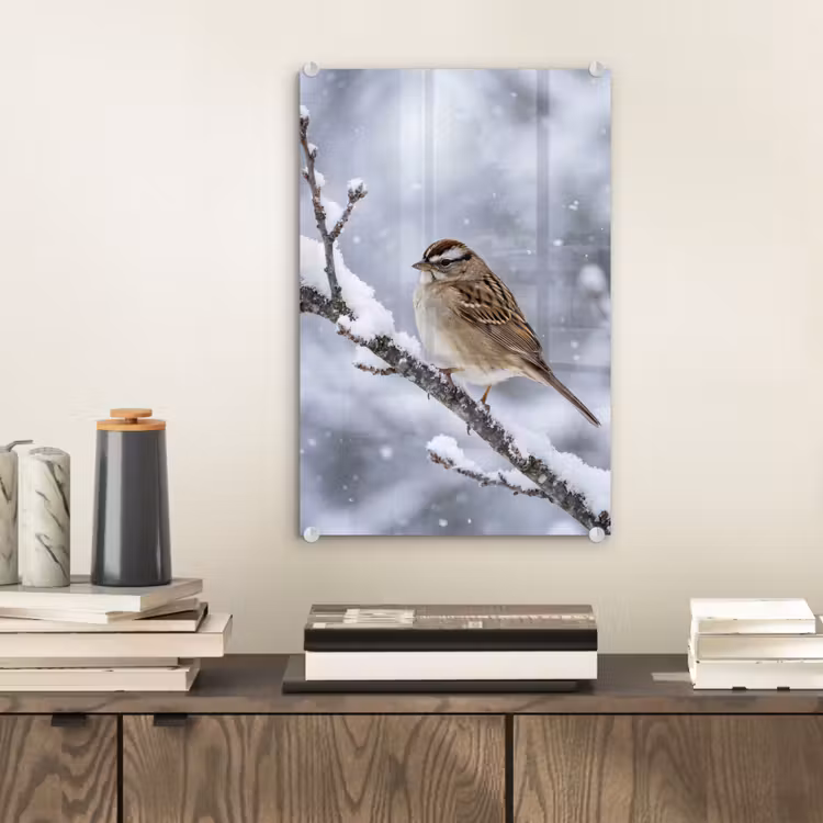 Glas schilderij - Vogel - Tak - Sneeuw - Winter — 2