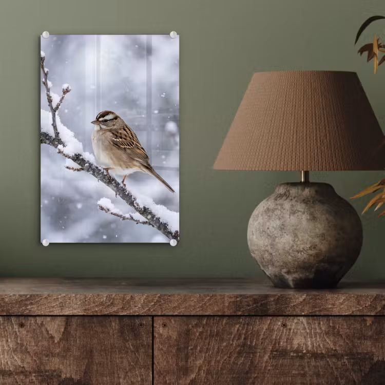 Glas schilderij - Vogel - Tak - Sneeuw - Winter — 4