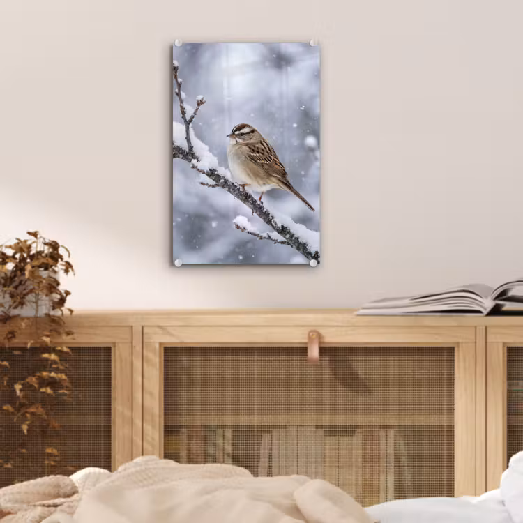 Glas schilderij - Vogel - Tak - Sneeuw - Winter — 5