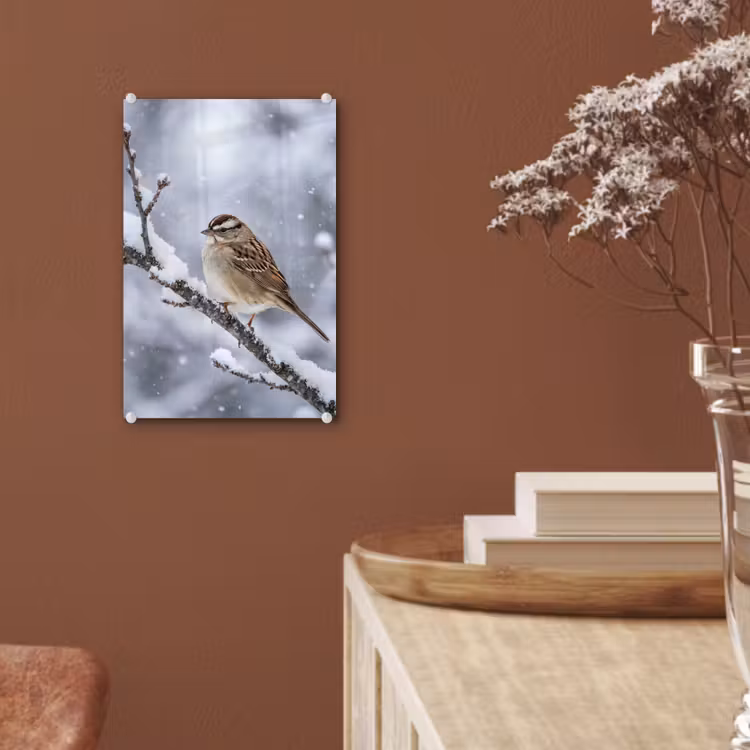 Glas schilderij - Vogel - Tak - Sneeuw - Winter — 6