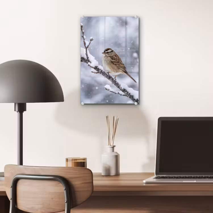 Glas schilderij - Vogel - Tak - Sneeuw - Winter — 7