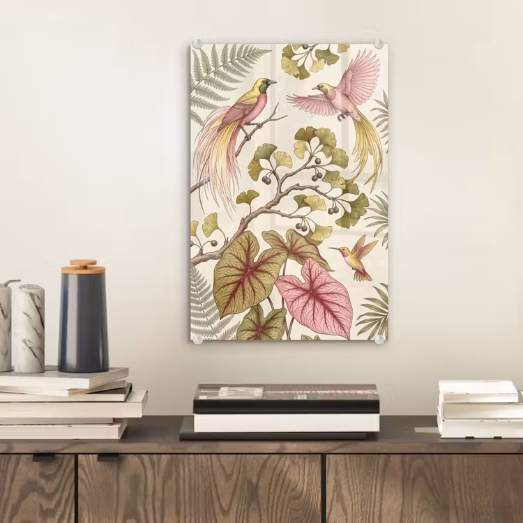 Glas schilderij - Vogels - Tropisch - Botanisch - Roze — 2