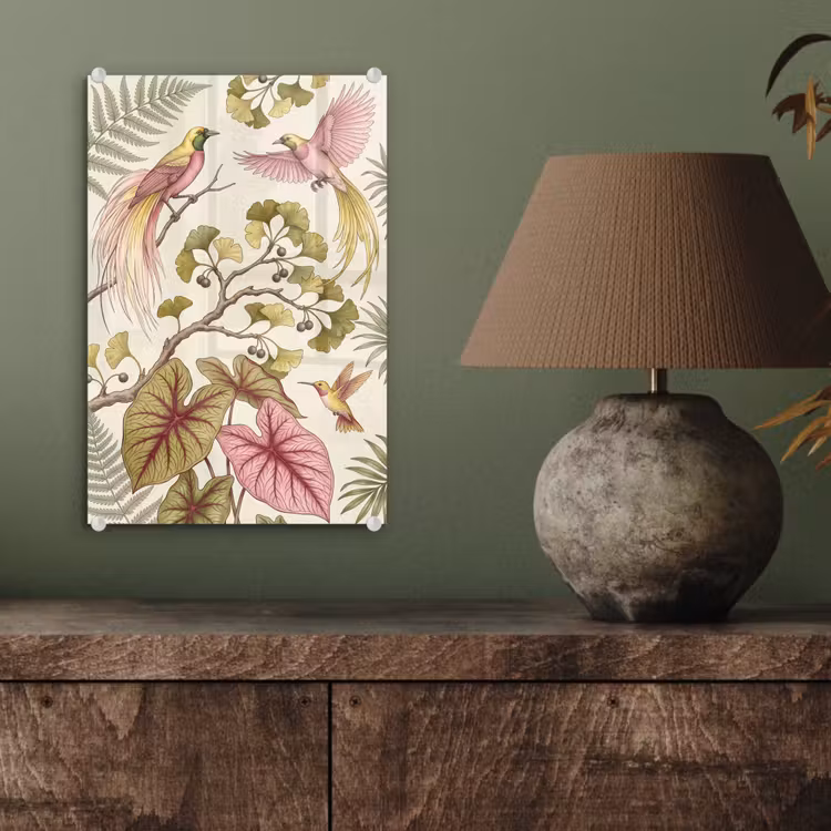 Glas schilderij - Vogels - Tropisch - Botanisch - Roze — 4