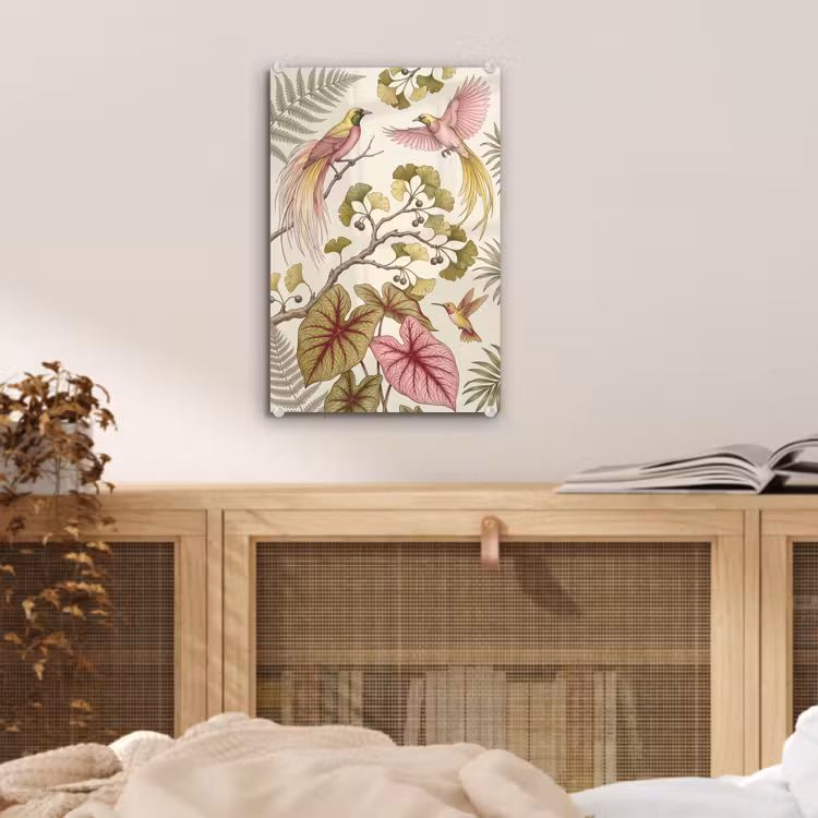 Glas schilderij - Vogels - Tropisch - Botanisch - Roze — 5