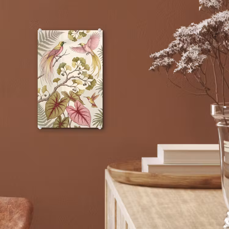 Glas schilderij - Vogels - Tropisch - Botanisch - Roze — 6