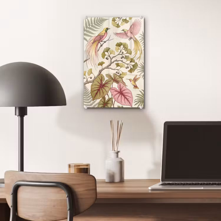 Glas schilderij - Vogels - Tropisch - Botanisch - Roze — 7