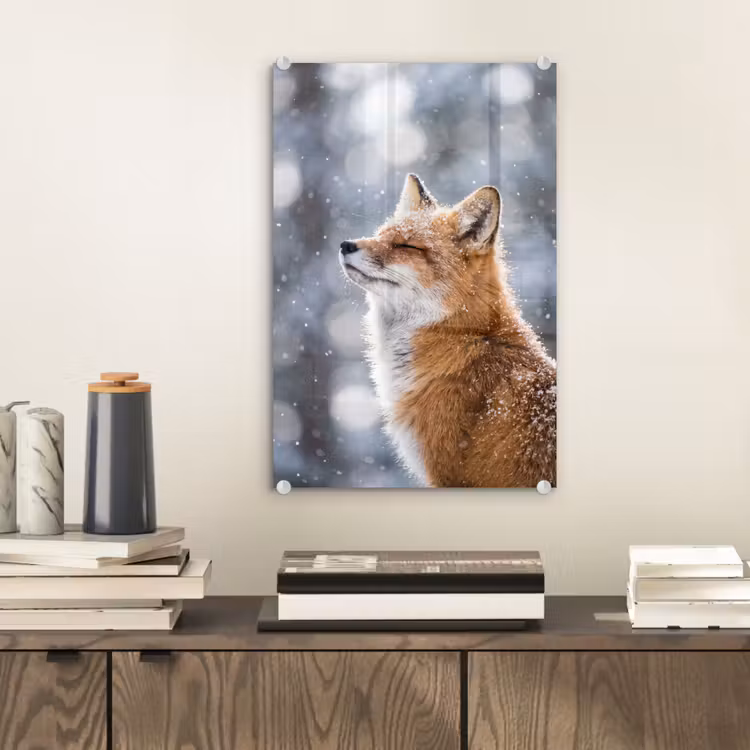 Glas schilderij - Vos - Sneeuwval - Portret - Winter - Sfeervol — 2