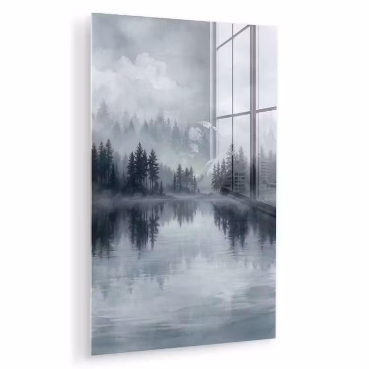 Glas schilderij - Bos - Meer - Mist - Natuur - Grijs — 1