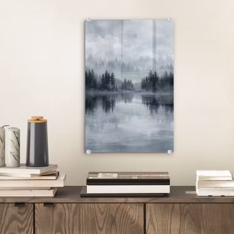 Glas schilderij - Bos - Meer - Mist - Natuur - Grijs — 2