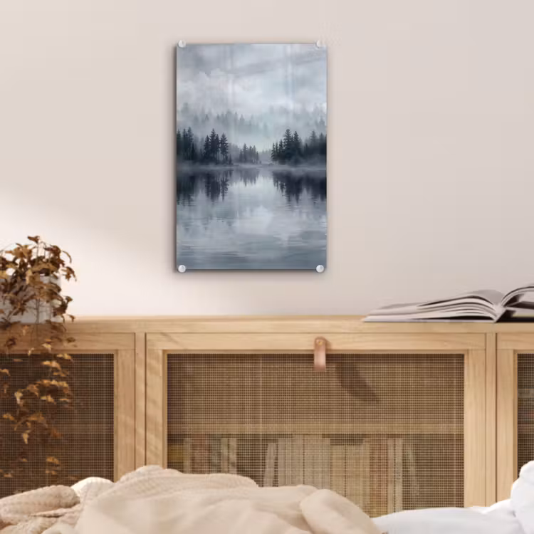 Glas schilderij - Bos - Meer - Mist - Natuur - Grijs — 5