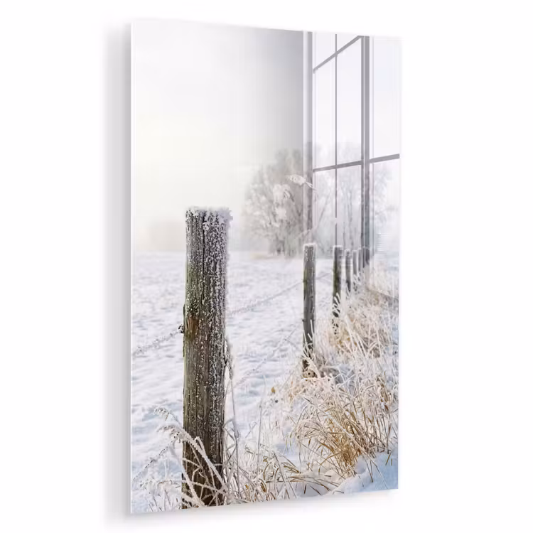 Glas schilderij - Hek - Sneeuw - Mist - Platteland - Nostalgisch — 1