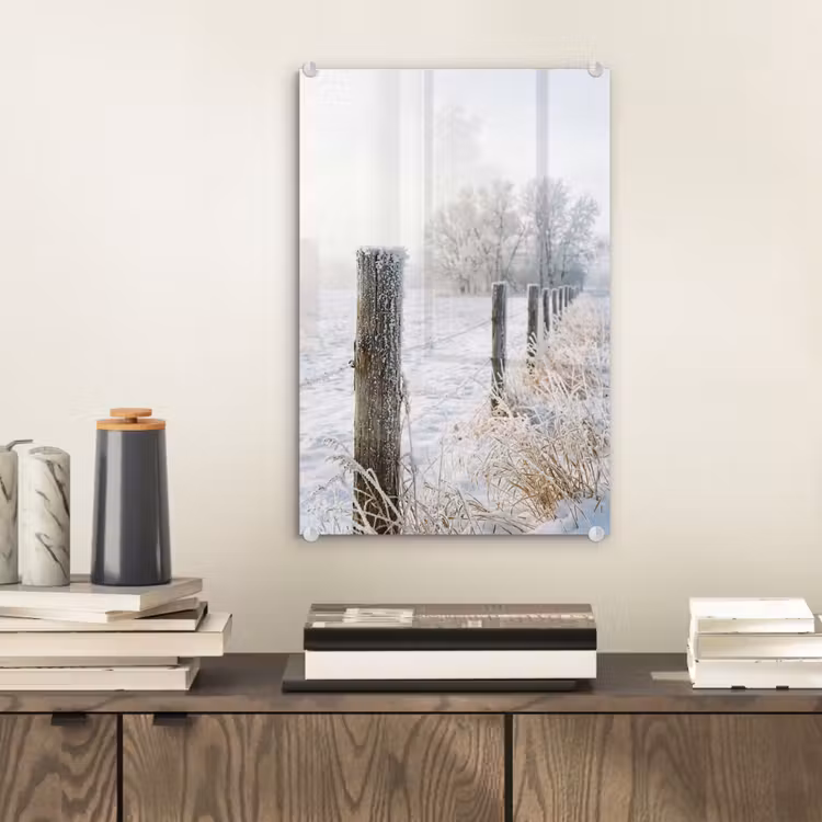Glas schilderij - Hek - Sneeuw - Mist - Platteland - Nostalgisch — 2