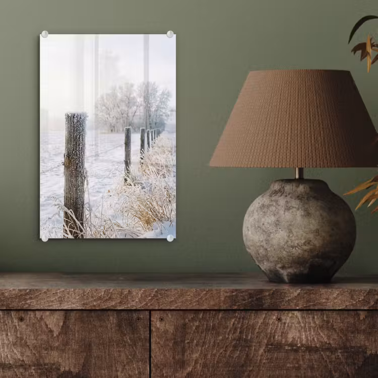 Glas schilderij - Hek - Sneeuw - Mist - Platteland - Nostalgisch — 4