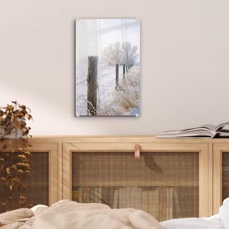 Glas schilderij - Hek - Sneeuw - Mist - Platteland - Nostalgisch — 5
