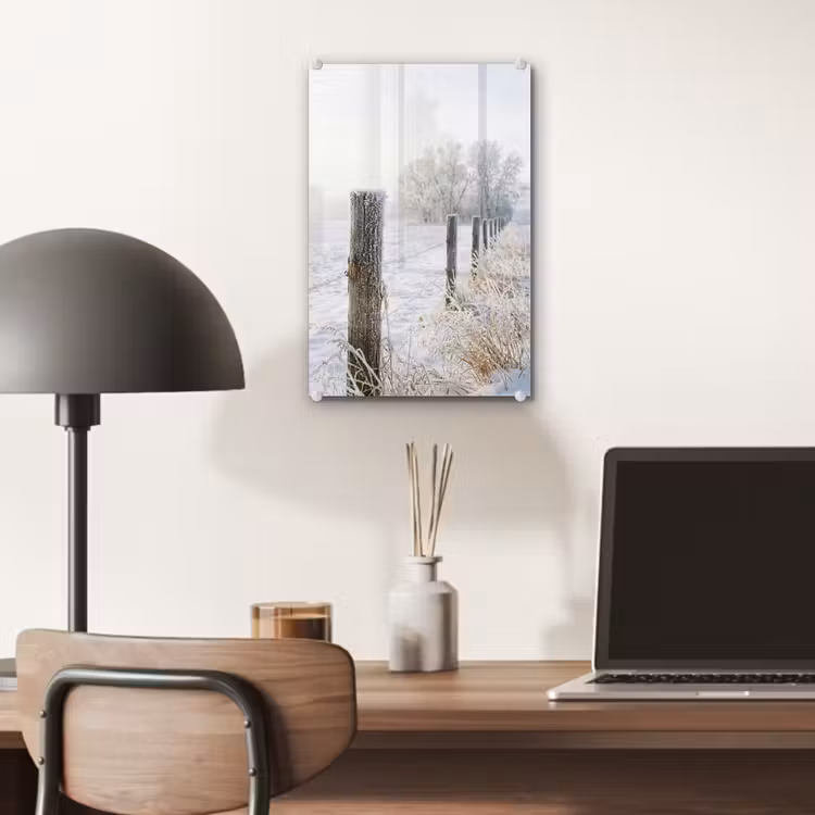Glas schilderij - Hek - Sneeuw - Mist - Platteland - Nostalgisch — 7