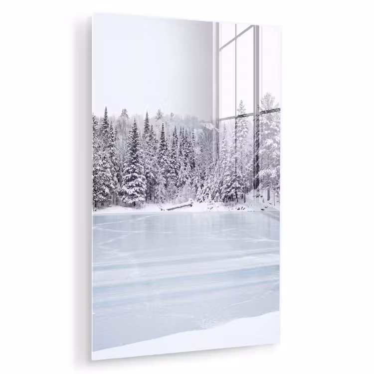 Glas schilderij - Meer - Dennen - IJs - Winter - Rustgevend — 1