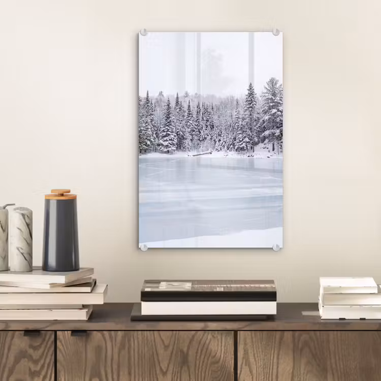Glas schilderij - Meer - Dennen - IJs - Winter - Rustgevend — 2