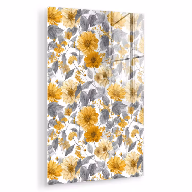 Glas schilderij - Bloemen - Botanisch - Elegant - Okergeel - Grijs — 1