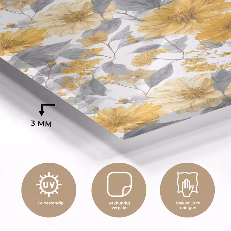 Glas schilderij - Bloemen - Botanisch - Elegant - Okergeel - Grijs — 3