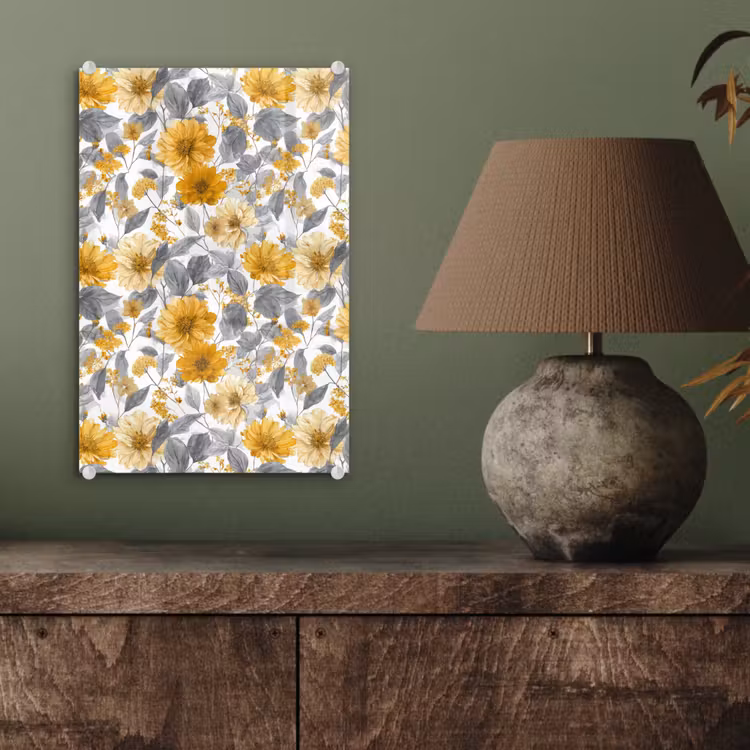 Glas schilderij - Bloemen - Botanisch - Elegant - Okergeel - Grijs — 4