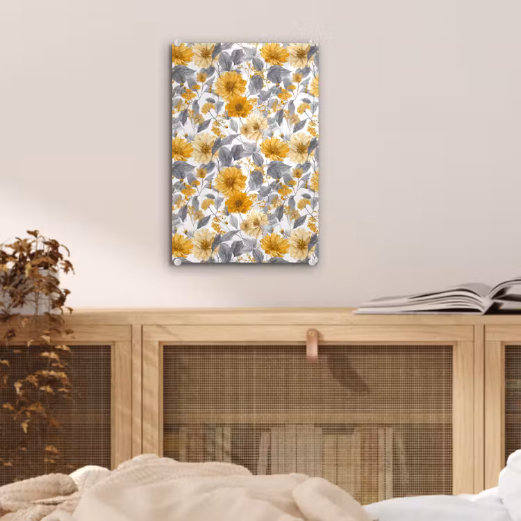 Glas schilderij - Bloemen - Botanisch - Elegant - Okergeel - Grijs — 5