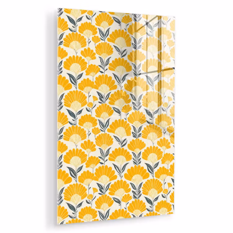 Glas schilderij - Bloemen - Retro - Botanisch - Okergeel - Grijs — 1