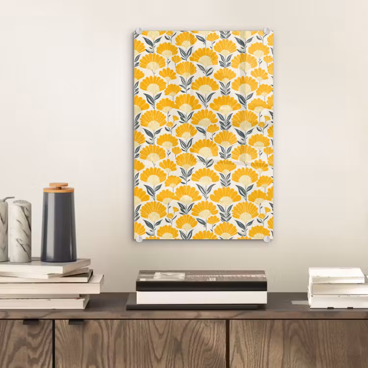 Glas schilderij - Bloemen - Retro - Botanisch - Okergeel - Grijs — 2