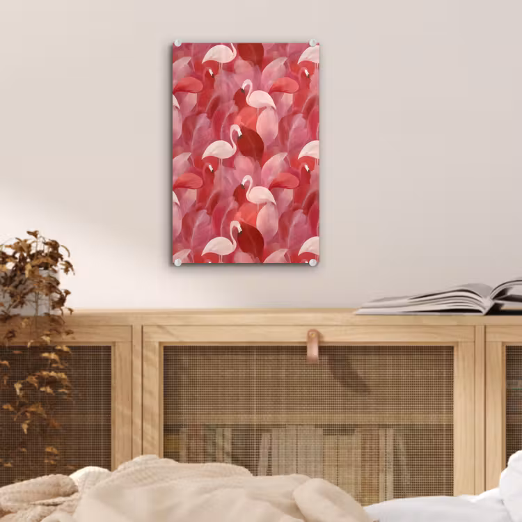 Glas schilderij - Flamingo - Botanisch - Elegant - Roze - Rood — 5