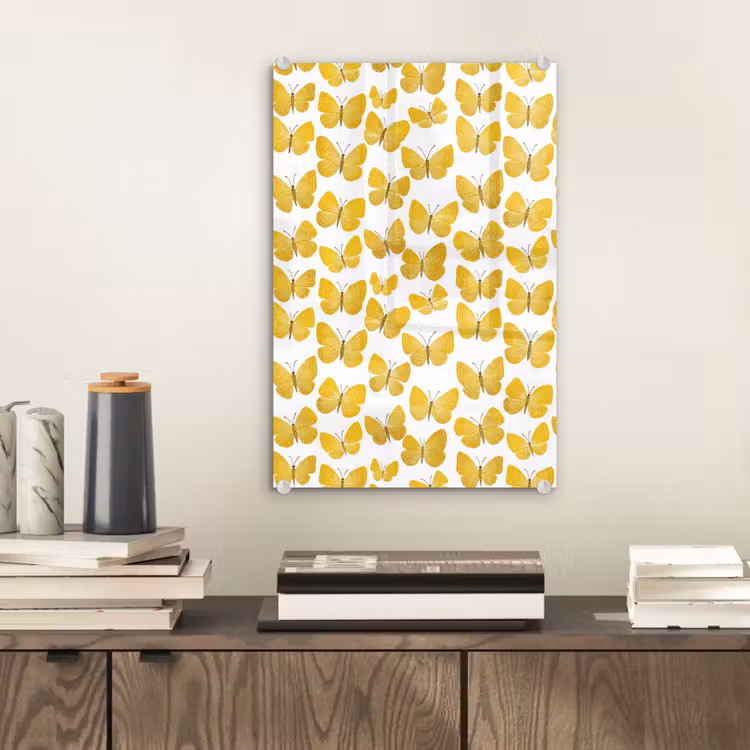 Glas schilderij - Vlinders - Botanisch - Illustratie - Geel - Wit — 2
