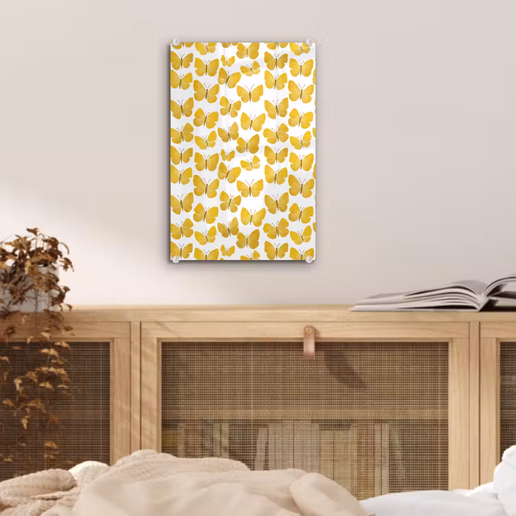 Glas schilderij - Vlinders - Botanisch - Illustratie - Geel - Wit — 5