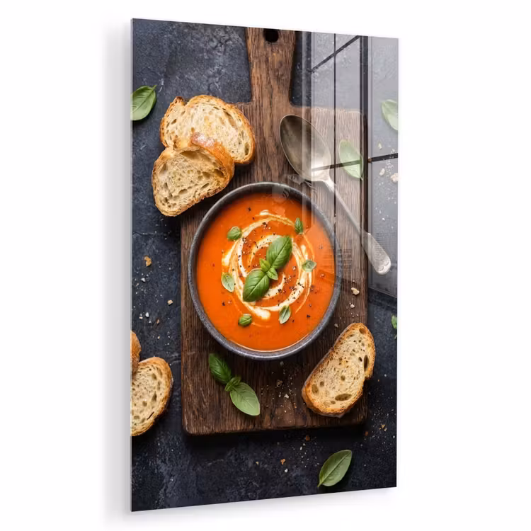 Glas schilderij - Eten - Soep - Basilicum - Rustiek - Rood — 1