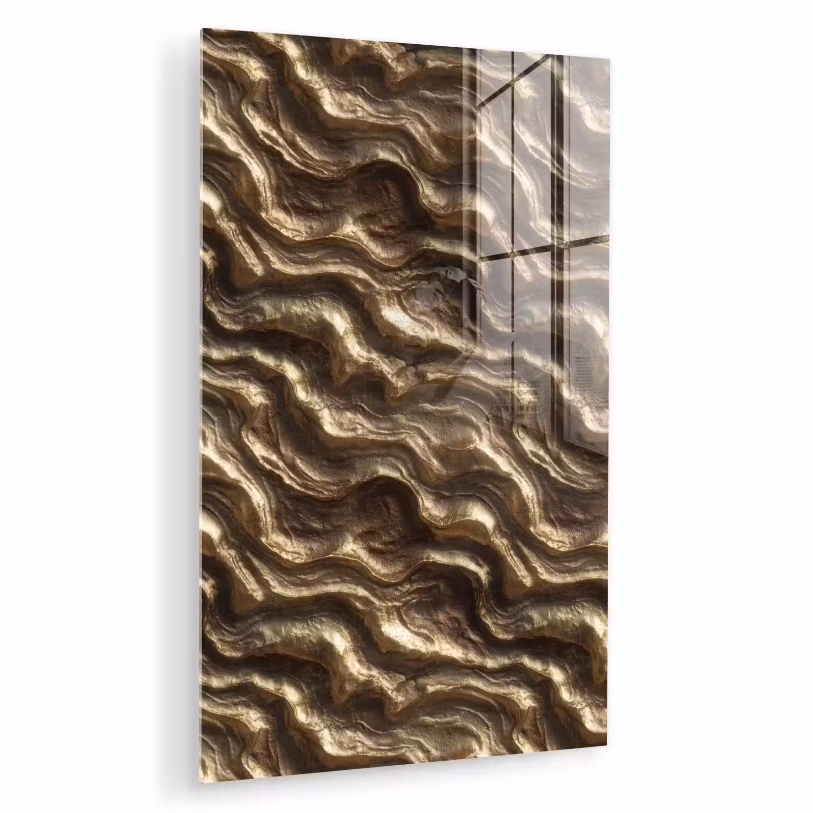 Glas schilderij - Reliëf - Golven - Abstract - Bronsgoud — 1
