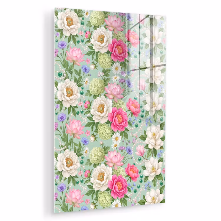 Glas schilderij - Bloemen - Patroon - Botanisch - Groen — 1