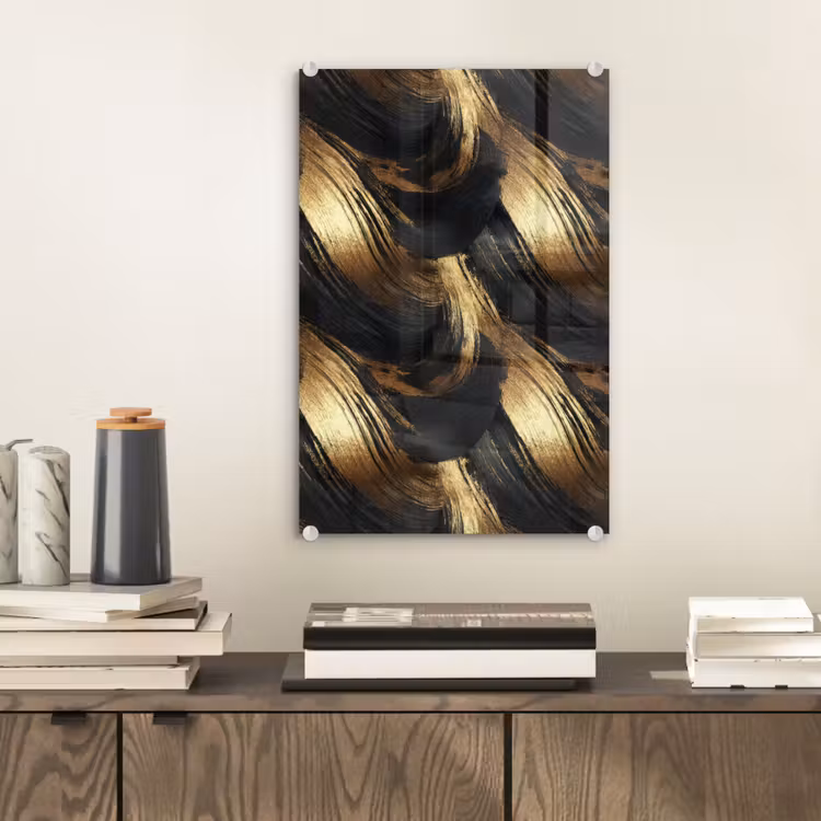 Glas schilderij - Verfstreken - Abstract - Goud - Zwart — 2