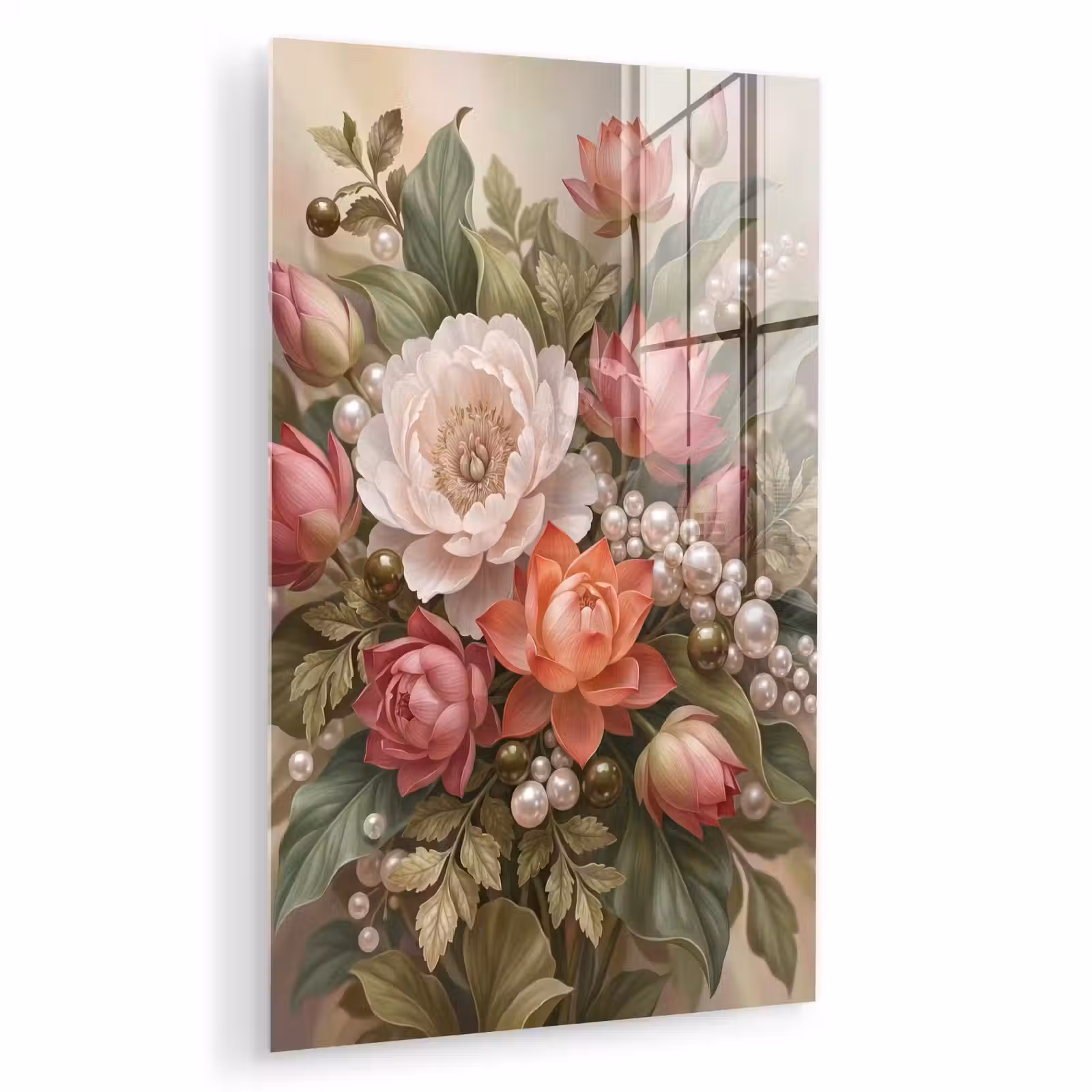 Glas schilderij - Bloemen - Parels - Elegant - Roze - Wit — 1