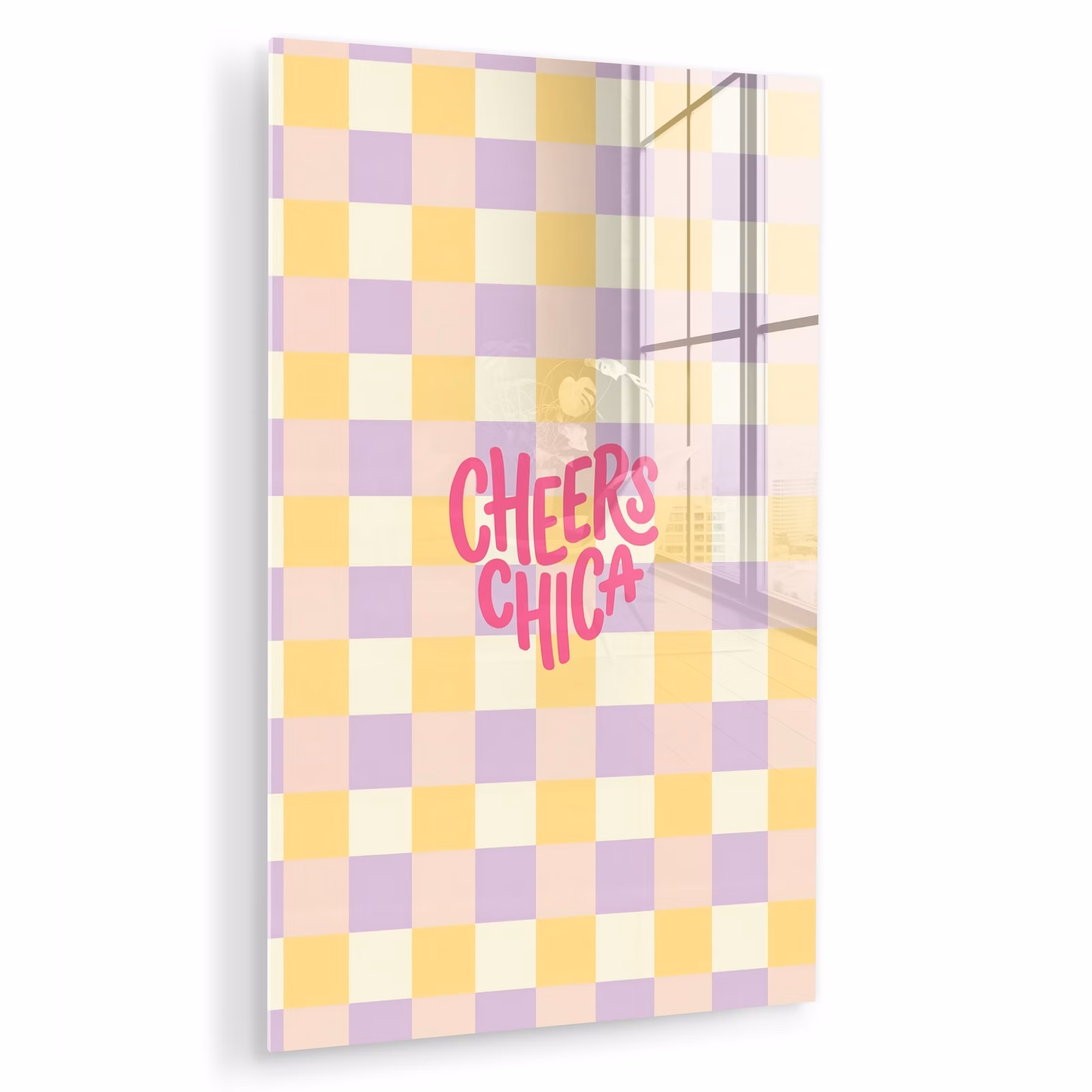 Glas schilderij - Cheers Chica - Ruitjes - Lila - Geel — 1