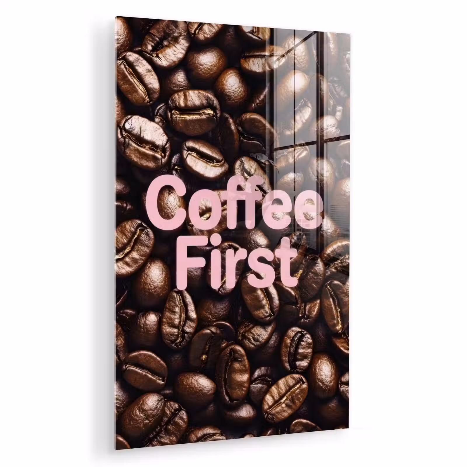Glas schilderij - Coffee First - Koffiebonen - Roze — 1