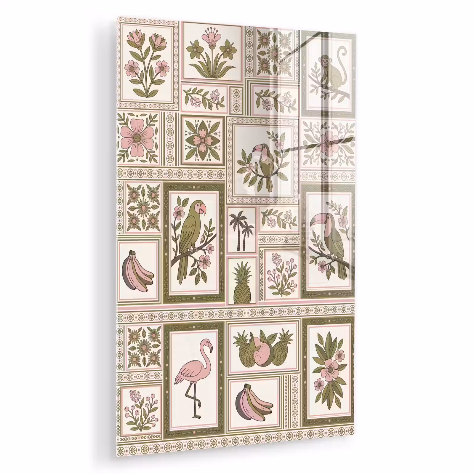 Glas schilderij - Vogel - Tropisch - Patroon - Decoratief - Groen — 1