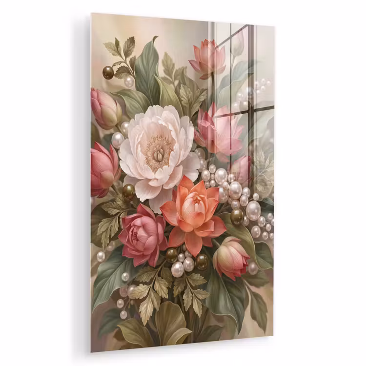 Glas schilderij - Bloemen - Parels - Elegant - Roze - Wit — 1