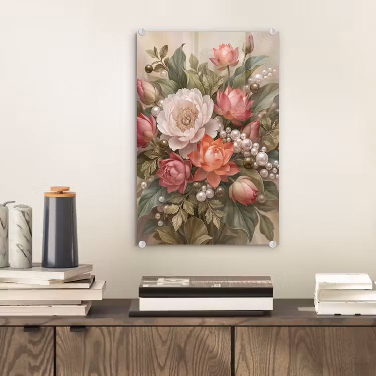 Glas schilderij - Bloemen - Parels - Elegant - Roze - Wit — 2