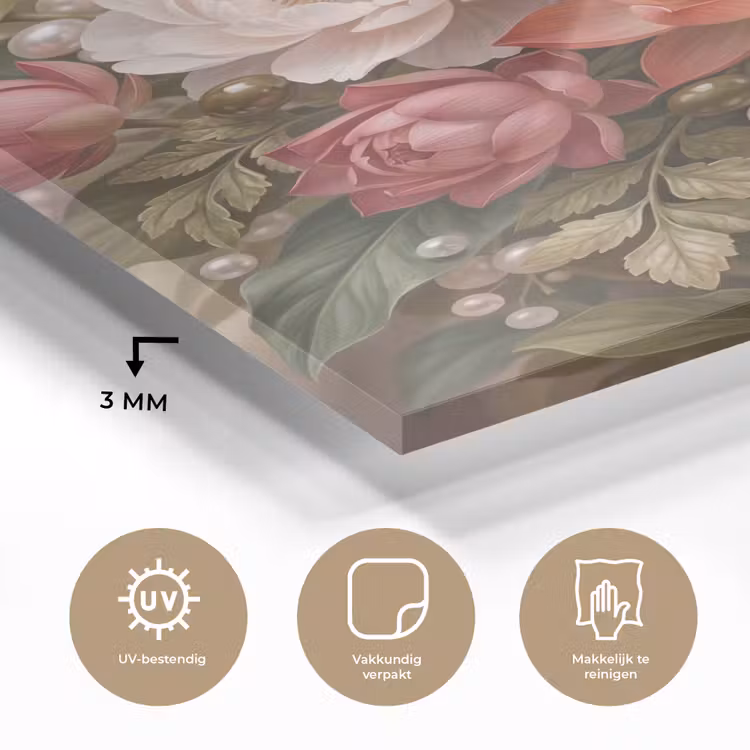 Glas schilderij - Bloemen - Parels - Elegant - Roze - Wit — 3